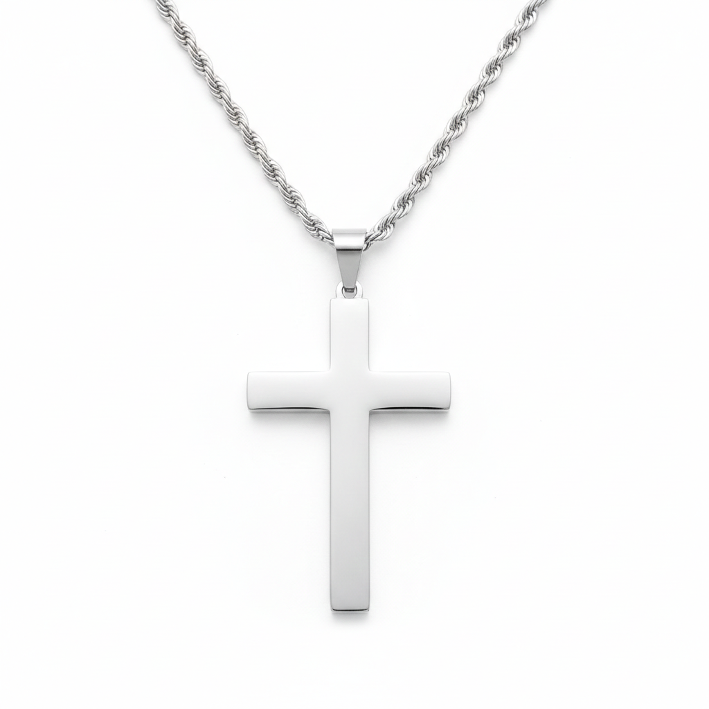 Silver rope chain and cross set made of 925 sterling silver