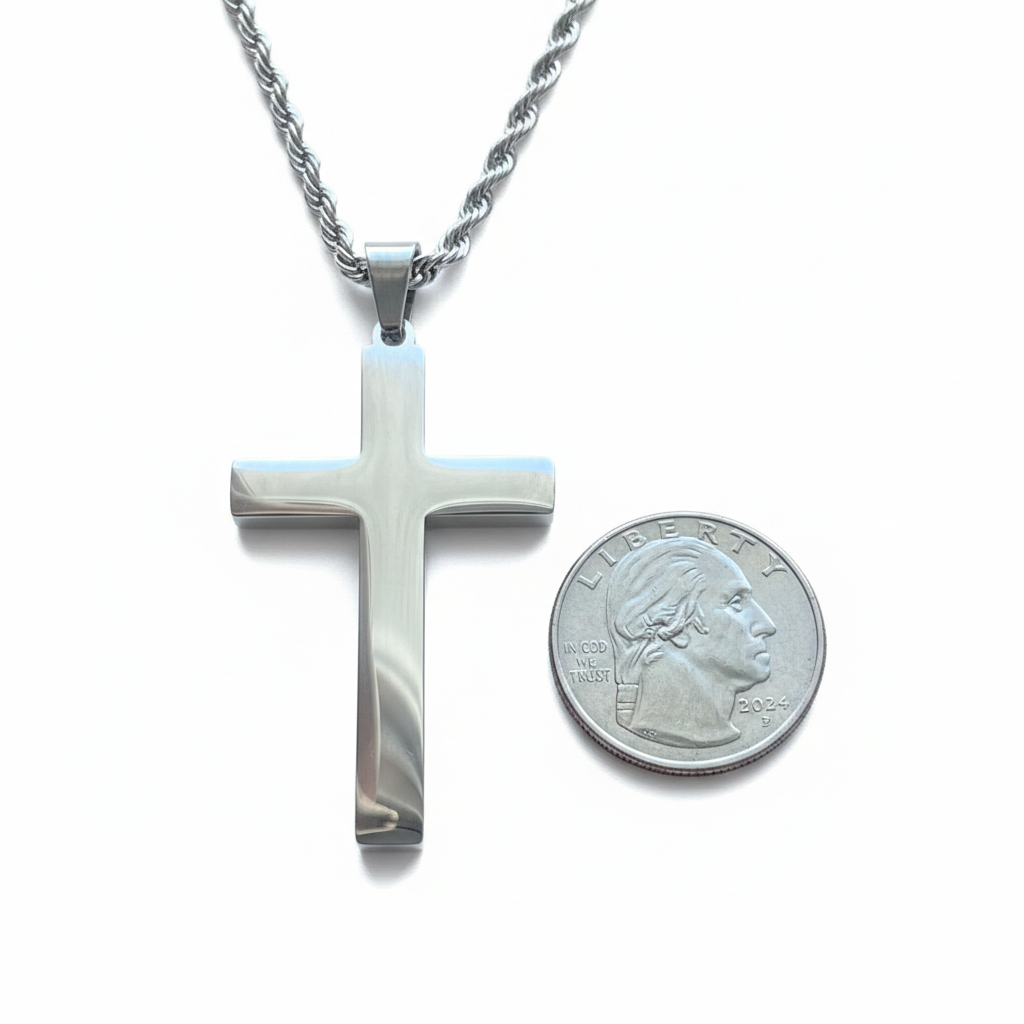 Silver Rope Chain and Cross Set