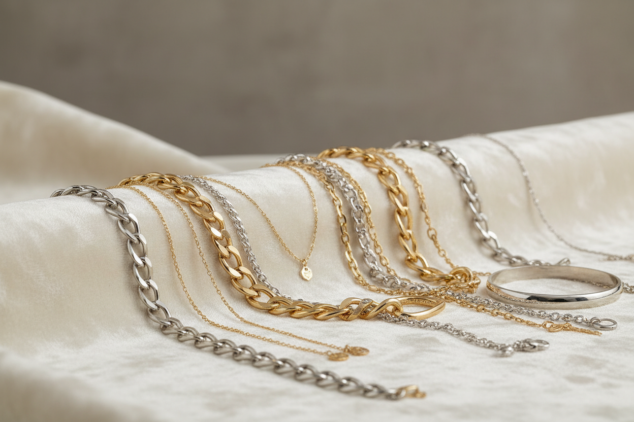 Gold and silver chains and bracelets displayed for a cover photo for my website 